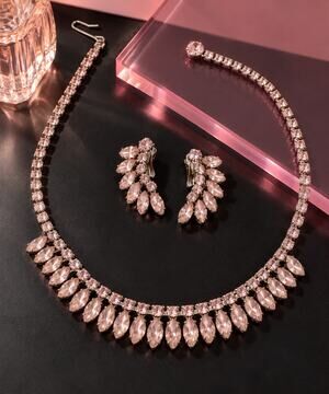 Vintage B. David Pink Rhinestone 17" Necklace & Clip On Earrings Set